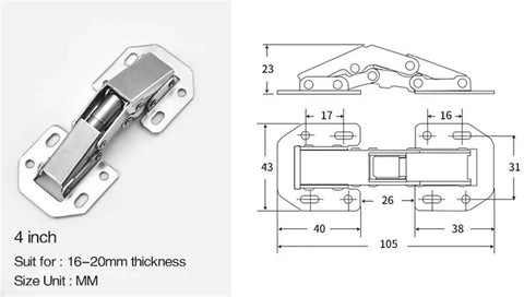 90 Degree Soft Close Concealed Cabinet Hinge With Hidden Spring 4 Inch Normal Type Furniture Hinge for cabinets, technical diagram shown