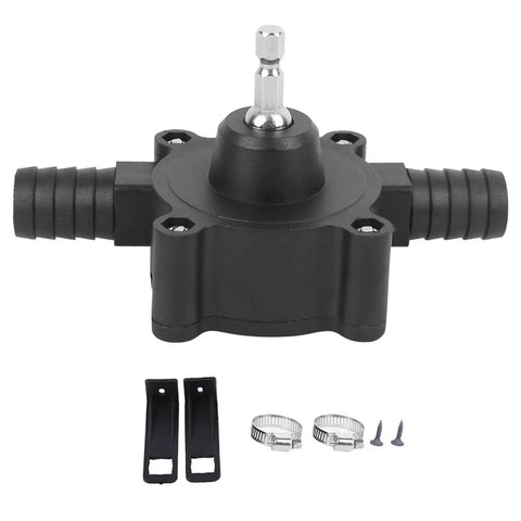 Mini Portable Centrifugal Water Pump Self Priming Handy Drill Powered For Quick Water Transfer Durable Plastic And Stainless Steel Build Great For Industrial And DIY Jobs, black pump with hose fittings and mounting parts