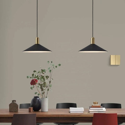 Dining area with two Dope Farmhouse Matte Black Barn Pendant Light With Brass Accents hanging over a wooden table.