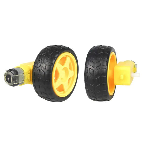 Dual H-Bridge L298N Motor Drive Controller Board kit with yellow smart car wheels and TT DC motors for Arduino robotics.