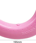 Pink reusable banana keeper guard with secure snap lid, 195mm long, prevents bruising and keeps bananas fresh.