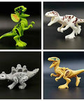 Four mini dinosaurs from 20 Piece Dino Figures Set For Jurassic World Building Blocks with movable parts on display.