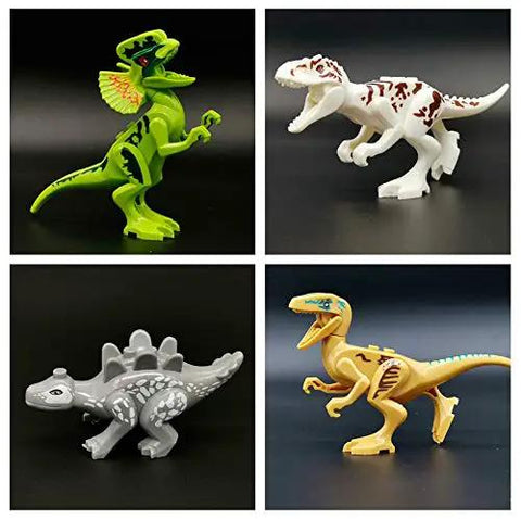 Four mini dinosaurs from 20 Piece Dino Figures Set For Jurassic World Building Blocks with movable parts on display.