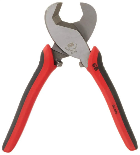 Heavy Duty 8-Inch Cable Cutter With High Leverage One Hand Design For Precision Cutting Soft Copper Aluminum Wire Battery Cable Hoses And Control Line Sturdy Steel Blades Tough Durable Grip Handy Tool in red and black handle.