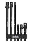 Six Piece Pro Grade Impact Sockets Adapters Set With Three Inch And Six Inch Hex Shank For Quick Change Drills And Impact Wrenches One Quarter Inch, Three Eighth Inch, And One Half Inch Drive Heavy Duty Vanadium Steel With Black Oxide Finish