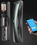 Slick Smart Door Lock With Built In Camera Rock Solid Fingerprint Reader Plus Secure Password IC Card Key Backup For Dead Simple Setup And Reliable Home Security, showing front view with smartphone and camera display.