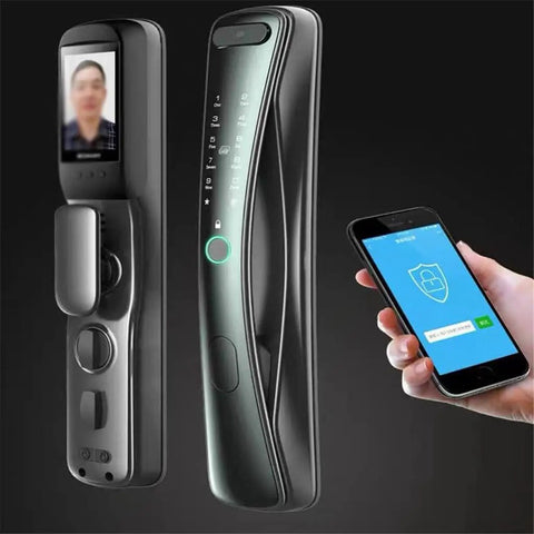 Slick Smart Door Lock With Built In Camera Rock Solid Fingerprint Reader Plus Secure Password IC Card Key Backup For Dead Simple Setup And Reliable Home Security, showing front view with smartphone and camera display.