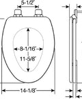 Dimensional diagram of round toilet seat with easy clean and change hinge rustic wood grain look durable molded wood