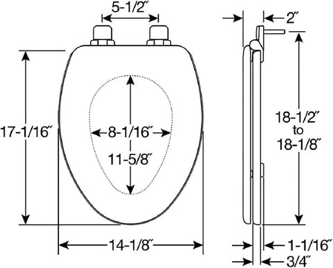 Dimensions diagram for Round Toilet Seat With Easy Clean And Change Hinge Molded Wooden Comfort In Gray Durable Wood Core.