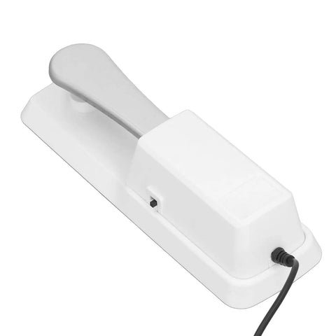 Universal Sustain Pedal For Keyboard And MIDI Digital Pianos White Color Compatible With Most USB MIDI Keyboards Plug And Play Setup For Smooth Expression During Practice And Performances, side view with connector visible.