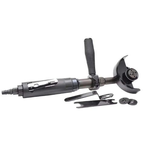 High Output Pneumatic Angle Grinder With Long Reach Extension Air Powered Cutting And Polishing Rig showing 2 attachments and a handle.
