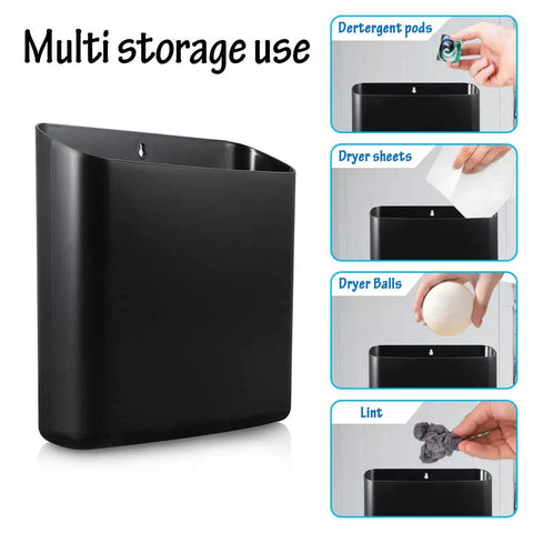 Magnetic Laundry Storage Bin With Large Lint Holder For Laundry Room Space Saving Trash Container hangs on washer wall