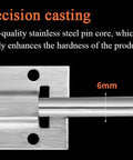 Close-up of Stainless Steel Slide Barrel Bolt 4 Pack for Gates Cabinets Windows Fences, showcasing 6mm pin core design for durability.