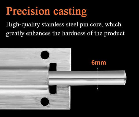 Close-up of Stainless Steel Slide Barrel Bolt 4 Pack for Gates Cabinets Windows Fences, showcasing 6mm pin core design for durability.