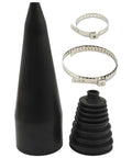 Universal Stretch Drive Shaft CV Boot Installation Cone Tool Kit with rubber cone, bands, and boot for easy fit on car models.