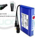 Drop Dead Reliable 12V Rechargeable Lithium Polymer Battery Pack With Integrated Bms Safety Circuit And Heavy Duty Dc Adapter showing LED indicator and connectors.