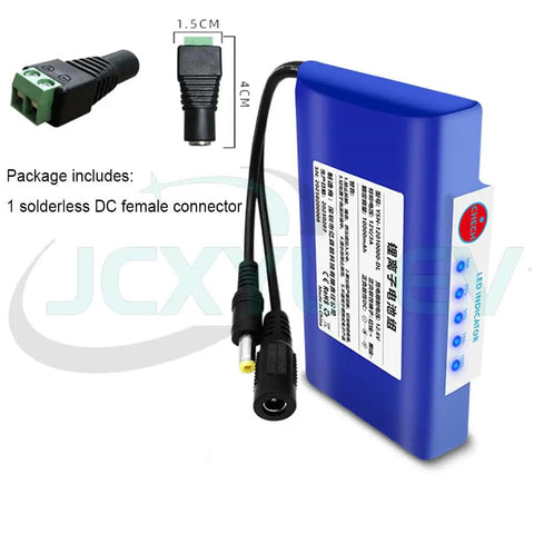 Drop Dead Reliable 12V Rechargeable Lithium Polymer Battery Pack With Integrated Bms Safety Circuit And Heavy Duty Dc Adapter showing LED indicator and connectors.