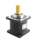 Badass Heavy Duty One Piece 180mm Flange Planetary Gearbox With 35mm Input Shaft And 25 To 1 Speed Reducer Ratio Built Tough For 3kw 4kw And Half Kw Servo Motors Slick Power Transfer No Nonsense Design Get Your Projects Rolling in black with yellow shaft.