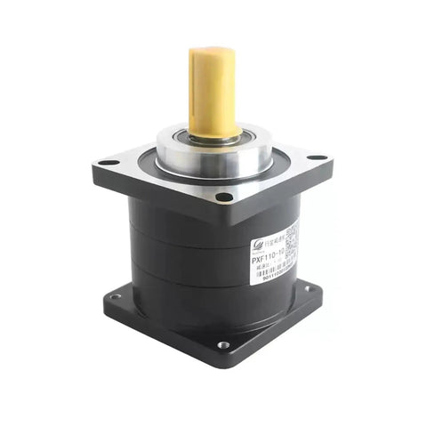 Badass Heavy Duty One Piece 180mm Flange Planetary Gearbox With 35mm Input Shaft And 25 To 1 Speed Reducer Ratio Built Tough For 3kw 4kw And Half Kw Servo Motors Slick Power Transfer No Nonsense Design Get Your Projects Rolling in black with yellow shaft.