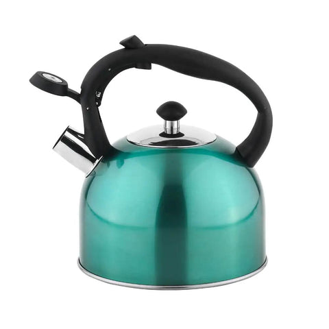Stainless Steel Whistling Tea Kettle 2.3 Liter Fast Boil For Tea And Coffee Food Grade Build Ergonomic Handle Teal Color View