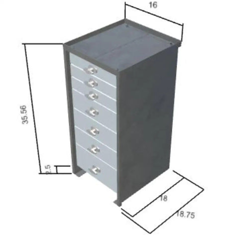 Beast Mode Seven Drawer Heavy Duty Steel Toolbox With Five Hundred Pound Slide Capacity Built For Rugged Pickup Trucks And Tough Job Site Tool Storage dimensions top view 16x18 inches, height 35.56 inches.