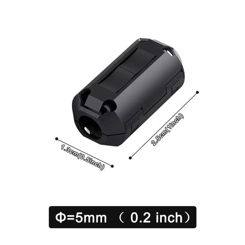Product image of 12 Pack RFI EMI Noise Suppressor Cable Clips With Clip On Ferrite Ring Core Filters For 5mm Cables Black Boost Your Signal Clarity Cut Interference Faster Data Transmission Durable Plastic Housing, showing single clip with measurements.