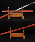 Badass Zatoichi The Blind Swordsman Anime Katana with 1095 clay-tempered steel blade and rosewood shirasaya on display stand