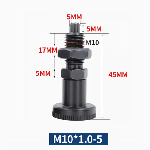 Badass Black Rustproof Steel 2 Pack Knob Plunger Pins M10 Reset Type Positioning Locking Hardware with measurements.