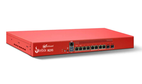 Level Up Your Branch Setup With This Top Shelf Rackmount Firewall Packing Four Two Point Five Gbps Ports And Two Ten Gbps Fiber Slots Plus Three Year Rock Solid Threat Defense License - WatchGuard Firebox M295, red, compact design.