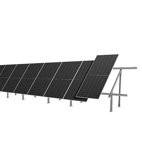 Expandable Solar Panel Ground Mount Bracket Kit With Adjustable Tilt For Two Large Panels Up To 590W installed in backyard