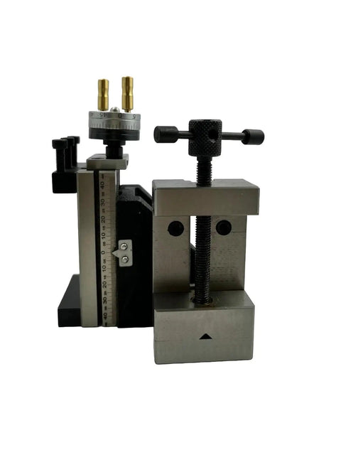Heavy Duty Mini Vertical Slide With Quick Read Dial And Shop Tested Steel Vice For Bench Lathes, featuring precision parts and adjustable clamp.