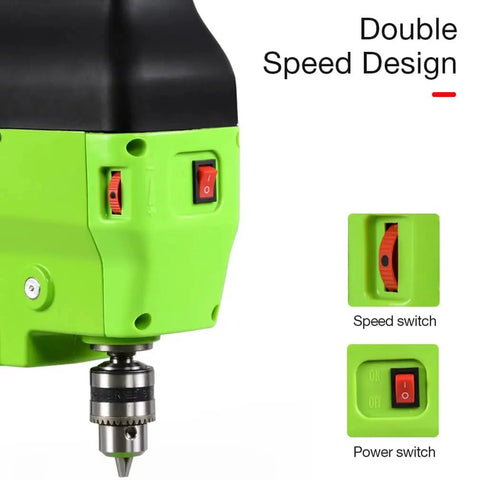 Close-up of Piefeak Electric Bench Drill Press Stand with 480W motor showing double speed design controls.