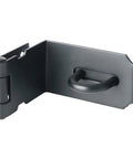 Four Inch Stainless Steel Barn Door Bolt With Ninety Degree Hook Latch and Right Angle Gate Lock, durable black latch for outdoor security.