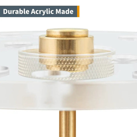 Close-up of clear acrylic router base plate with brass centering pin, durable acrylic construction for precise work