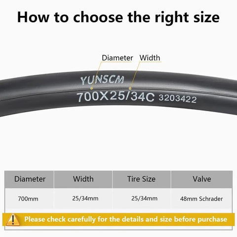 Diagram showing how to choose the right size for Two Pack Beefy Heavy Duty 700C Bike Inner Tubes With Schrader Valve Compatible With 700x25C 700x26C 700x28C 700x32C 700x34C Tires AV48 Construction Optimal Replacement Tubes For Road And Urban City Biking.