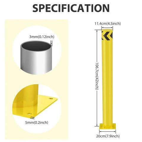 Built Tough Heavy Duty Steel Safety Bollard Post Delivering High Visibility Parking Protection And Raw Impact Resistance While Standing Up To Daily Wear With A Rust Proof Powder Coat Finish measuring 42 inches tall with a 4.5 inch diameter.