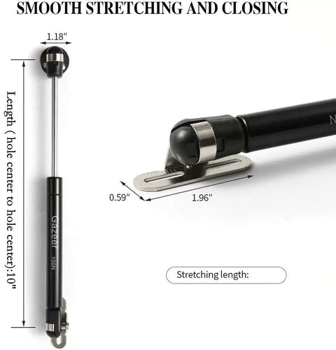 Image of a black pneumatic door lift for kitchen cabinets, 10-inch length with round mounting plates and screws. Six Pack 100N Gas Struts for 10 Inch Cabinet Doors Cabinet Shocks and Lift Supports with Round Mounting Plates Screws Included Pneumatic Door Lift for Kitchen Cabinets and More shown in detail.