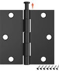 Six Pack Three And A Half Inch Matte Black Door Hinges Featuring Square Corners Removable Pins And Full Screw Kit seen from front with screws.