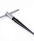 Bridge Pin Hole Reamer, Tapered 5 Degree, Six Flute Luthier Tool For Acoustic Guitars, with a soft vinyl handle grip, side view.