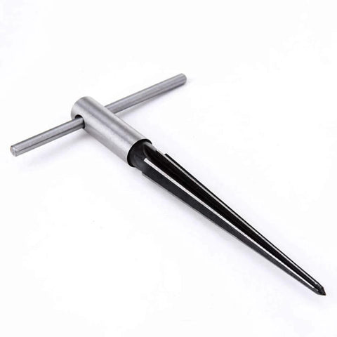 Bridge Pin Hole Reamer, Tapered 5 Degree, Six Flute Luthier Tool For Acoustic Guitars, with a soft vinyl handle grip, side view.