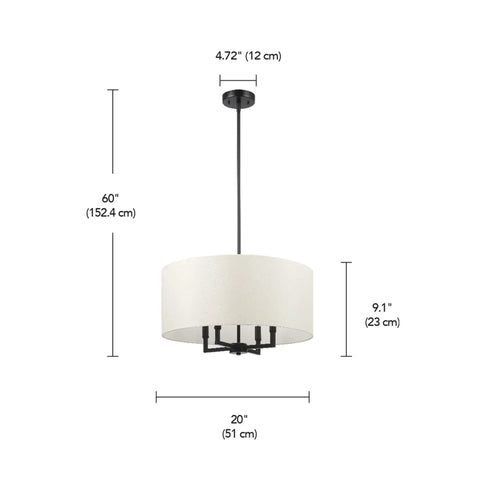 Four Light Matte Black Chandelier With Beige Fabric Shade Modern Farmhouse Hanging Light dimensions diagram