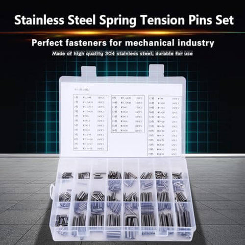 Pro Grade Stainless Steel Roll Pin Kit, 280 Pieces, M1.5 to M8 Slotted Spring Pins in Durable Box on display