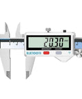 Digital Caliper 0.01mm display showing measurement in mm with stainless steel jaws for precision and data transfer option.