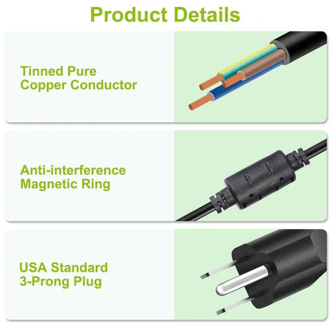 Versatile Adjustable DC Power Supply 3V To 36V 4A 144W With LCD Display 14 Tip Adapters cable details with copper conductor, anti-interference ring, 3-prong plug