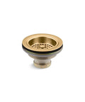 Duostrainer Sink Drain And Strainer in Vibrant Brushed Moderne Brass, shown from above, 3.5-4 inch outlet fitting.