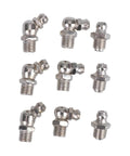 Assorted metric grease zerk fittings in various angles for machinery in Grease Zerk Fittings Kit, 45-Piece Metric Assortment.