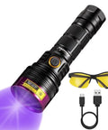 Beast 12W 365nm UV Flashlight USB C Rechargeable Black Light Woods Lamp with UV glasses and USB-C cable for pet urine detection.