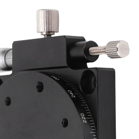 Close-up of the 60mm Fine Tuning Optical Sliding Stage With 2.3 Inch Cross Roller Guide, 360 Degree Rotary Platform knobs and adjusters.