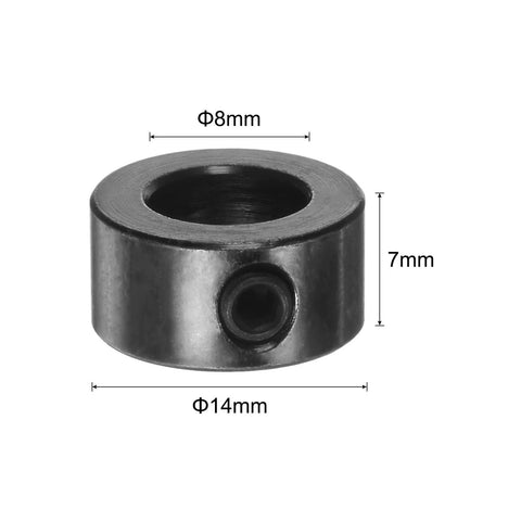 Front view of set-screw shaft collar, 8mm ID, 14mm OD, 7mm tall; metal, black finish.