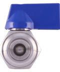 Front view of Three Eighths Inch Stainless Steel 304 Mini Ball Valve Built Tough With Reduced Port 1000 PSI, blue lever handle